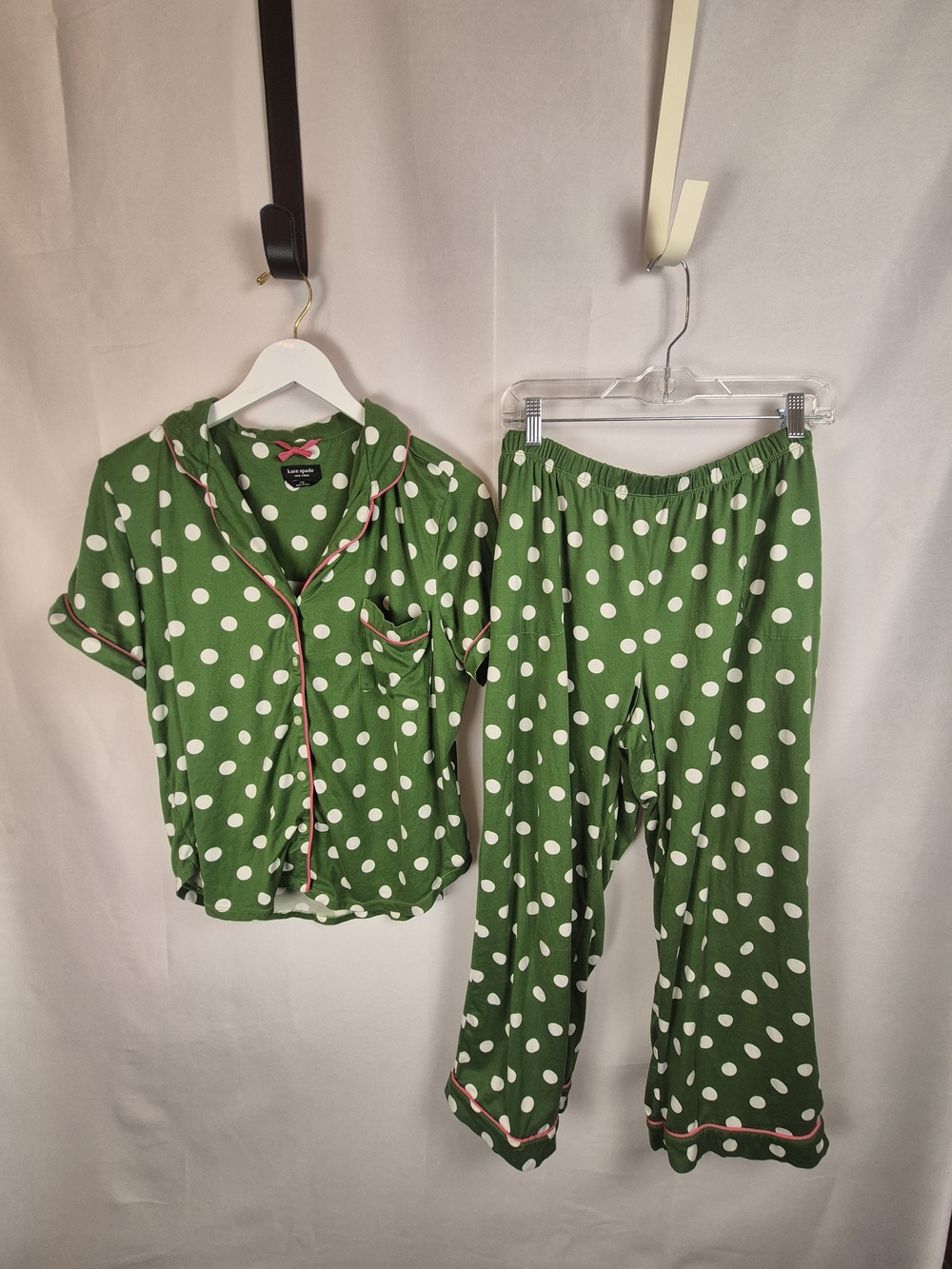 kate spade Green Polka Dot Two-Piece Pajama Set with Pink Trim